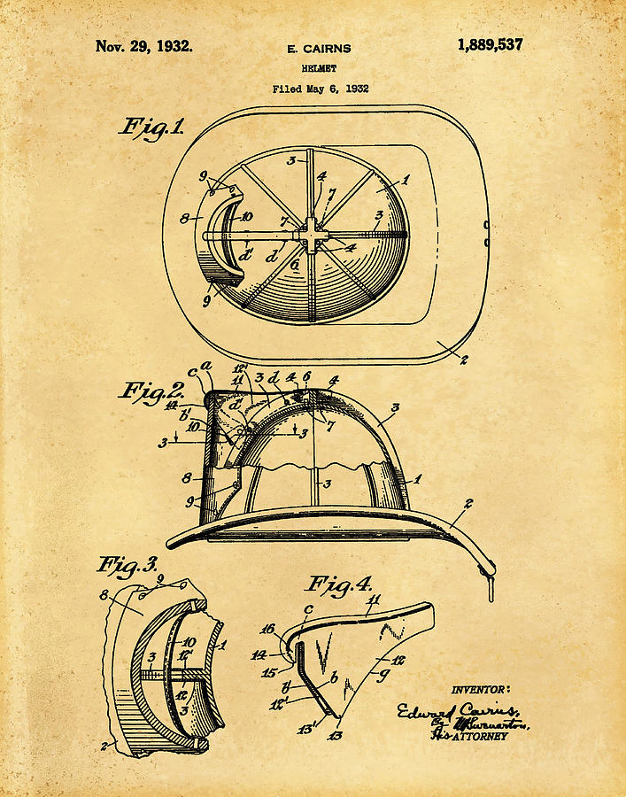 Fireman Clothing Digital Art - 1932 Firemans Helmet Patent - Old Parchment by Unique Reproductions