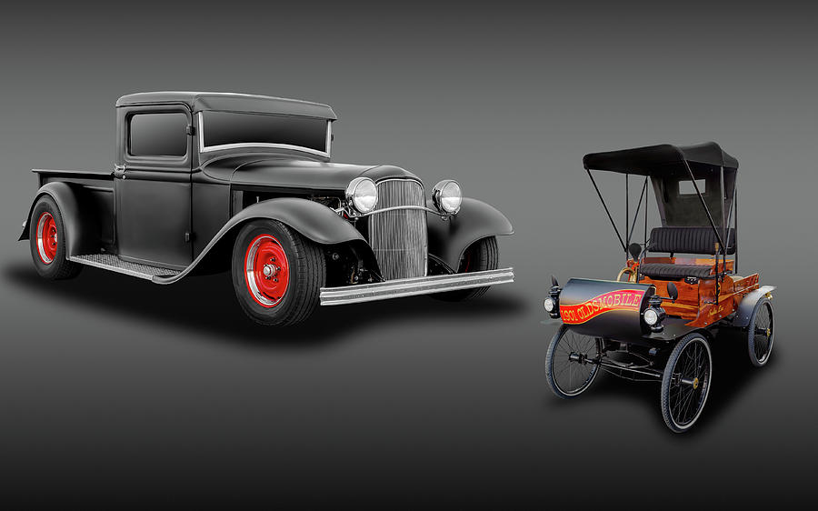 1932 Ford Pickup Truck and 1901 Oldsmobile Runabout  -  32FDTRK01OLDS3646 Photograph by Frank J Benz
