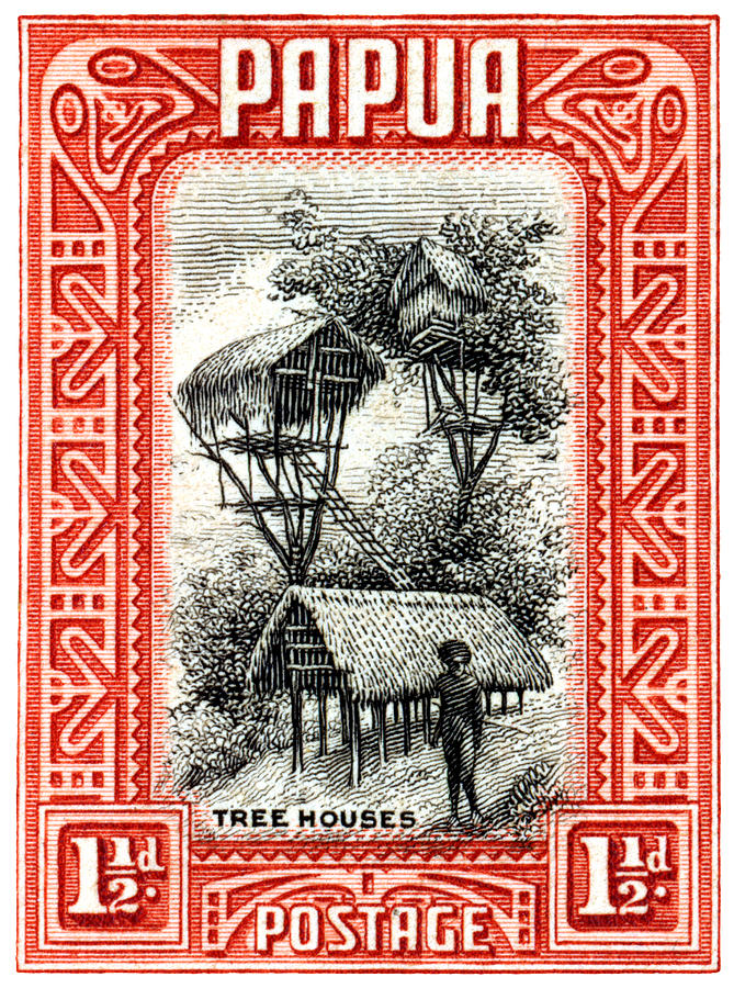 1932 Papua Tree Houses Stamp Painting by Historic Image