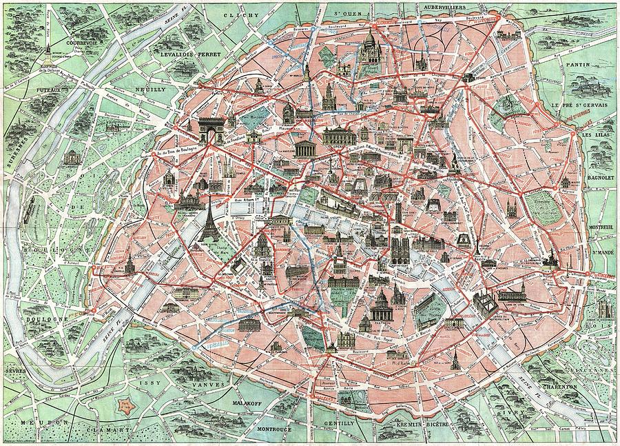 1932 Robelin Map of Paris France wMonuments  Photograph by Paul Fearn