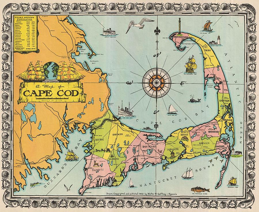 1932 Walter M Gaffney Map of Cape Cod Massachusetts  Photograph by Paul Fearn