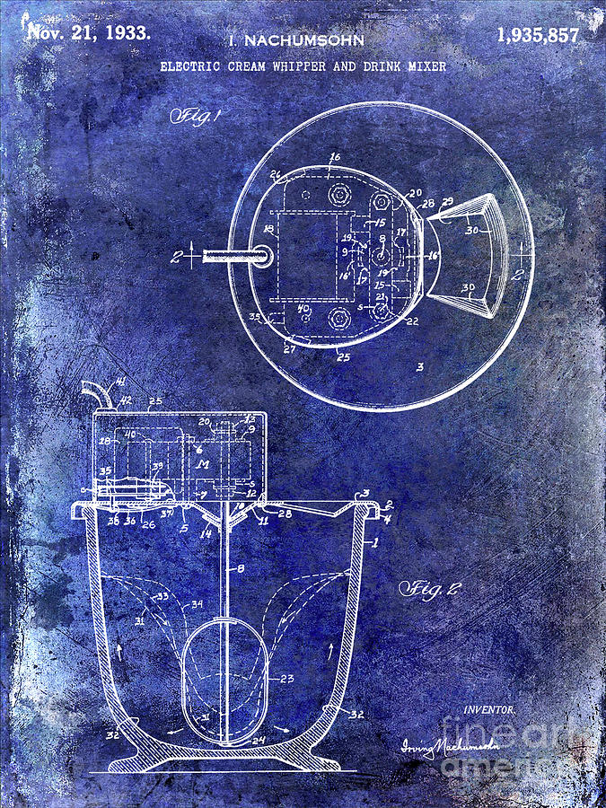 1933 Electric Cream Whipper Patent Blue Photograph by Jon Neidert