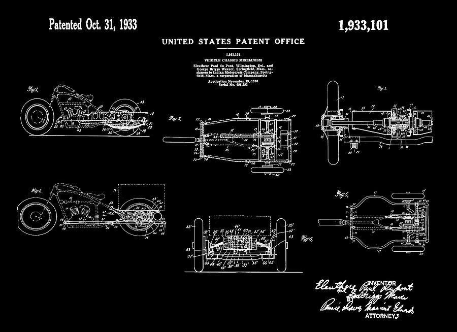 1933 Indian Motor Tricycle Patent Black Digital Art by Bill Cannon