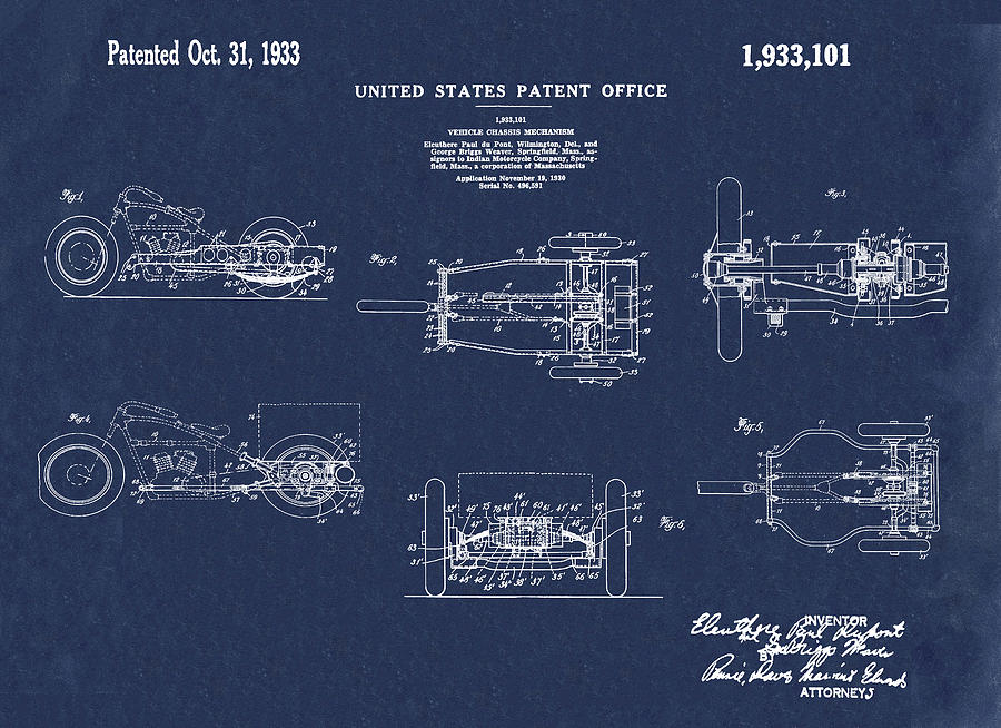 1933 Indian Motor Tricycle Patent Blue Digital Art by Bill Cannon