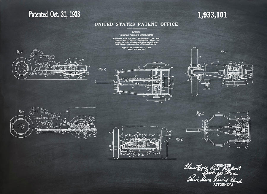 Vintage Digital Art - 1933 Indian Motor Tricycle Patent Chalk by Bill Cannon