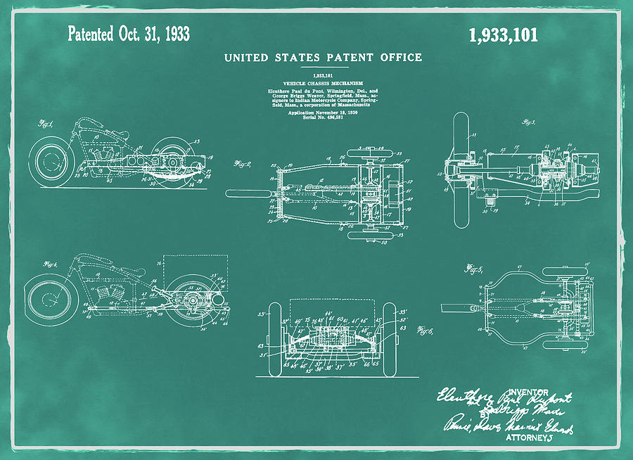 1933 Indian Motor Tricycle Patent Green Digital Art by Bill Cannon