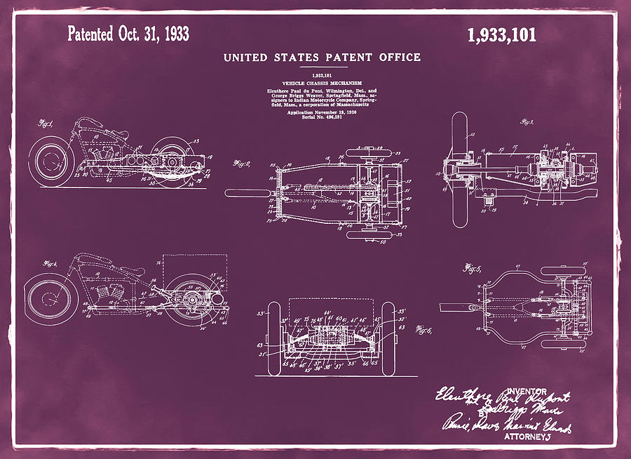 1933 Indian Motor Tricycle Patent Red Digital Art by Bill Cannon