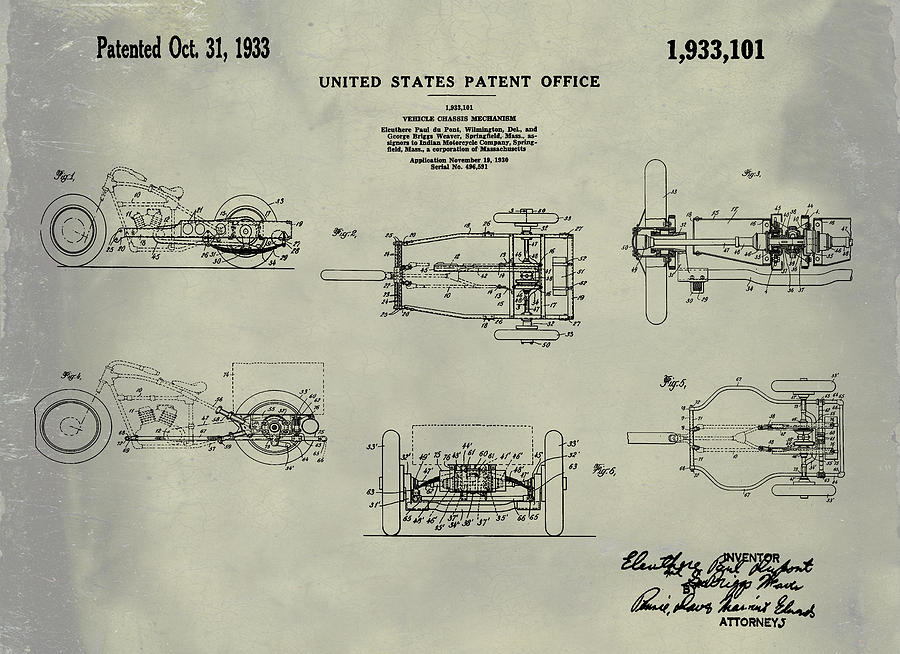 1933 Indian Motor Tricycle Patent Weathered Digital Art by Bill Cannon
