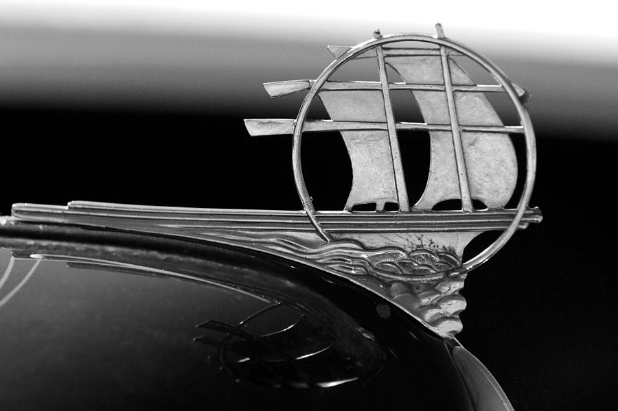 Transportation Photograph - 1934 Plymouth Hood Ornament black and white by Jill Reger