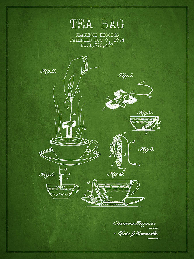Tea Digital Art - 1934 Tea Bag patent - green by Aged Pixel
