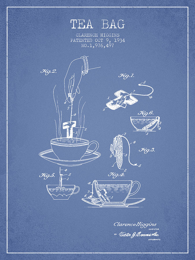 Tea Digital Art - 1934 Tea Bag patent - light blue by Aged Pixel