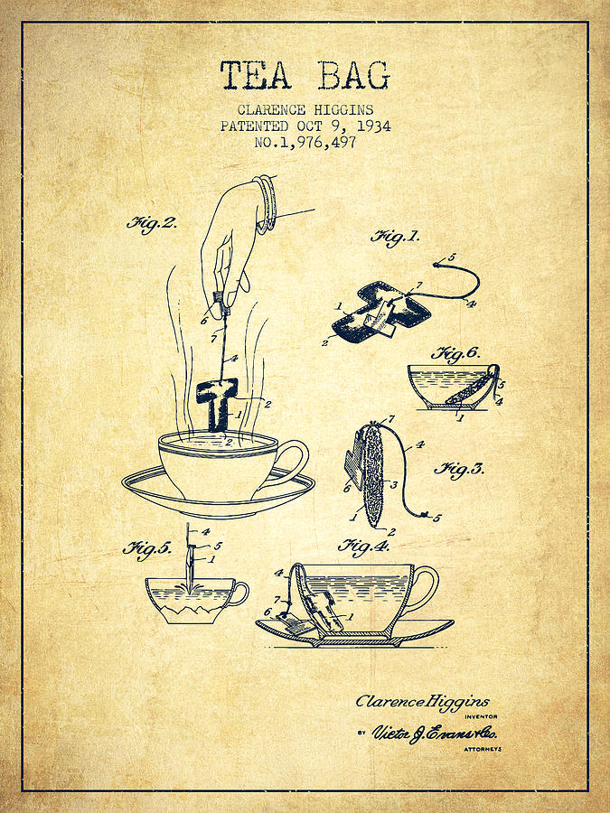 Tea Digital Art - 1934 Tea Bag patent - vintage by Aged Pixel