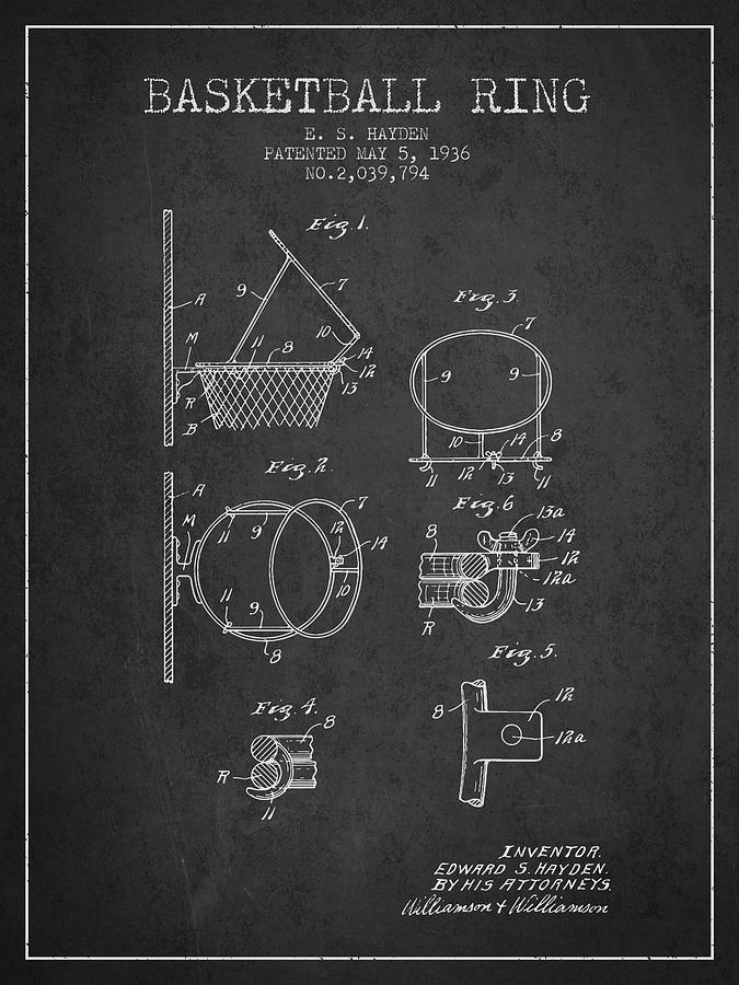 1936 Basketball Ring Patent - Charcoal Digital Art