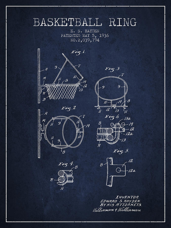 1936 Basketball Ring Patent - Navy Blue Digital Art