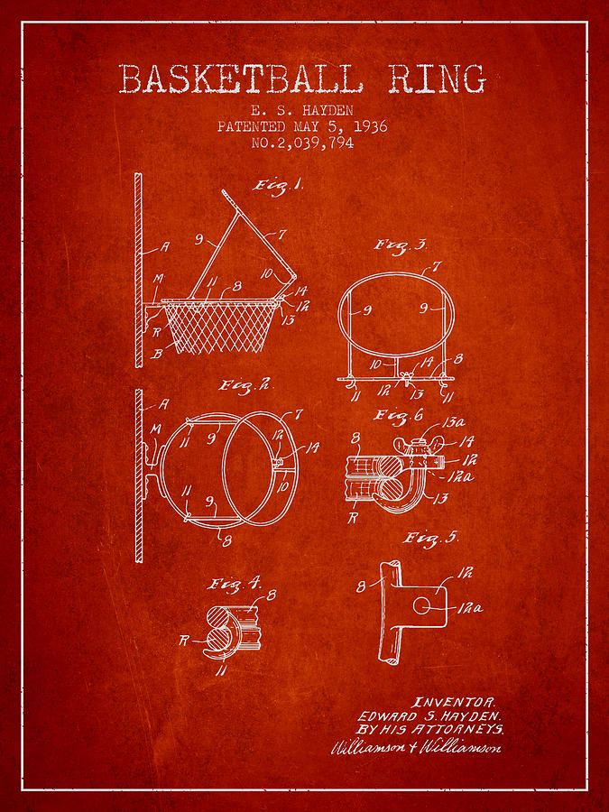 Basketball Digital Art - 1936 Basketball Ring Patent - red by Aged Pixel