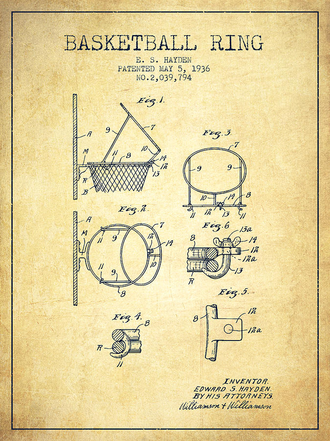 1936 Basketball Ring Patent - Vintage Digital Art