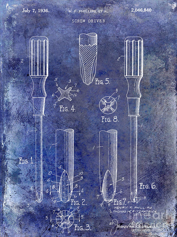 Tool Photograph - 1936 Screwdriver Patent Blue by Jon Neidert