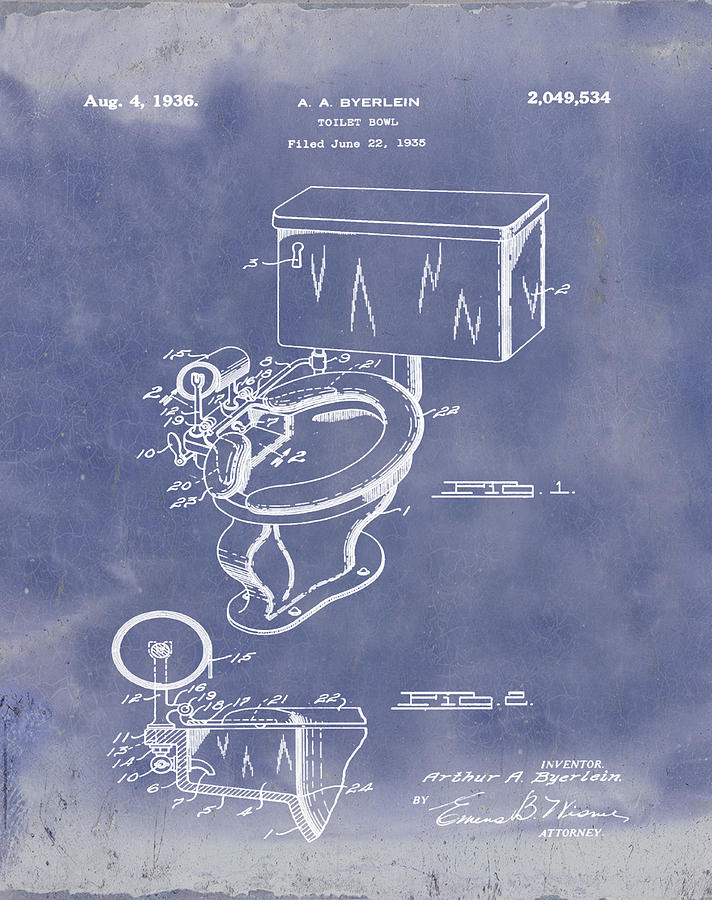 Vintage Photograph - 1936 Toilet Bowl Patent Blue Grunge by Bill Cannon