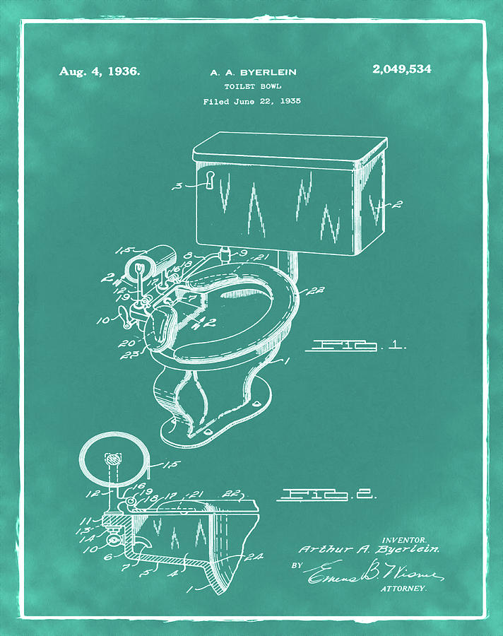 Vintage Photograph - 1936 Toilet Bowl Patent Green by Bill Cannon