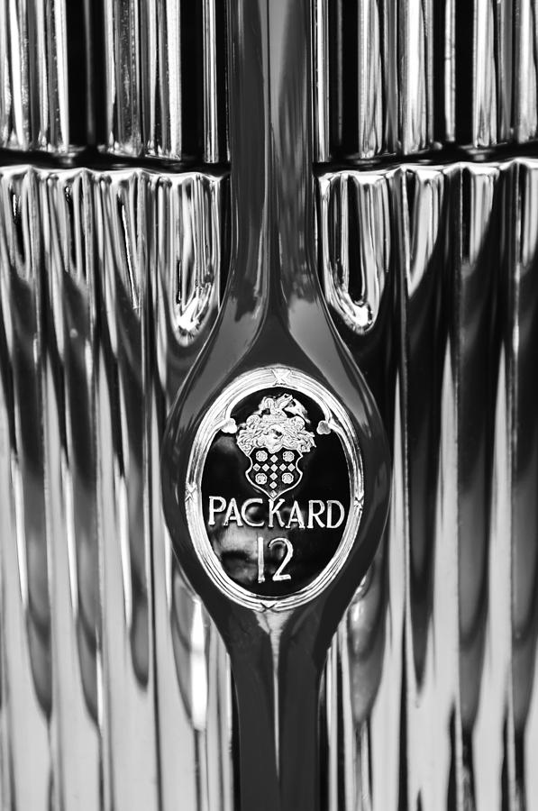 1937 Packard Twelve Convertible Sedan Emblem -0373BW Photograph by Jill Reger