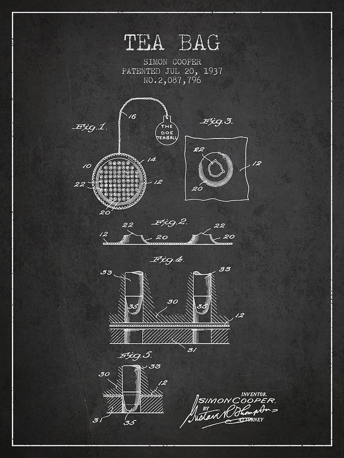 Tea Digital Art - 1937 Tea Bag patent - charcoal by Aged Pixel