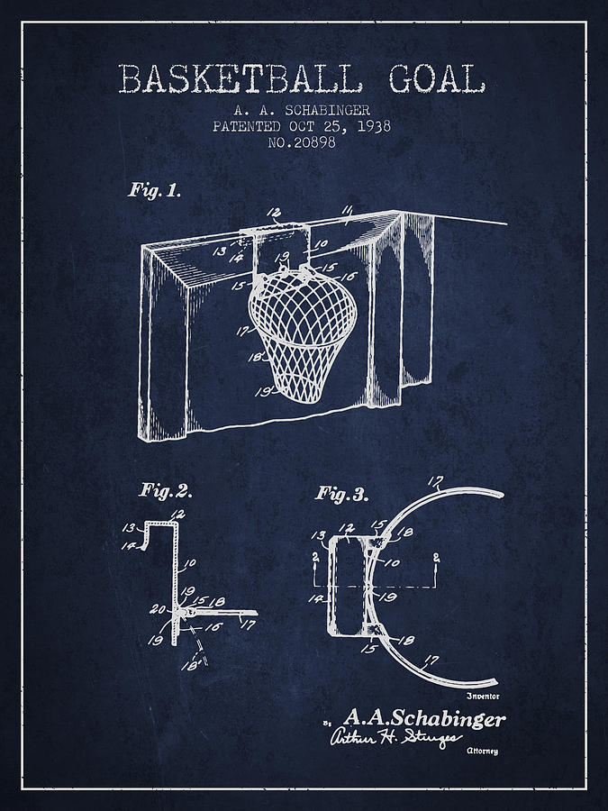 1938 Basketball Goal Patent - Navy Blue Digital Art