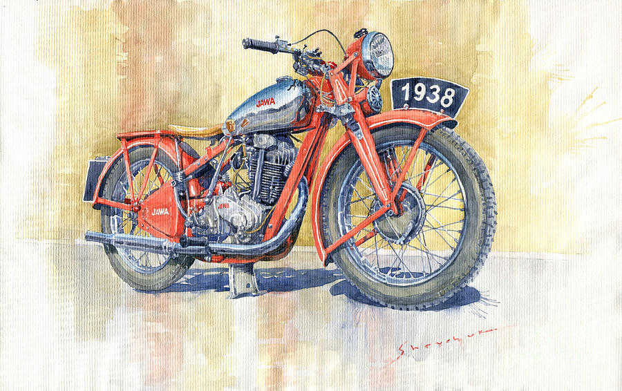 Watercolor Painting - 1938 Jawa 350 Ohv by Yuriy Shevchuk Watercolor Painting - 1938 Jawa 350 Ohv by Yuriy Shevchuk