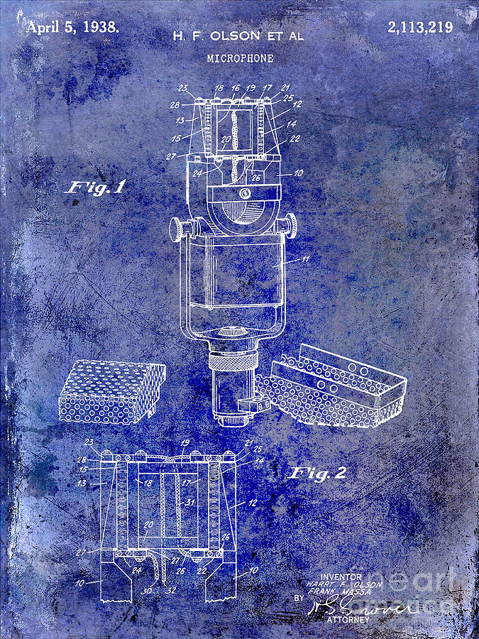 1938 Microphone Patent Drawing Blue Photograph by Jon Neidert