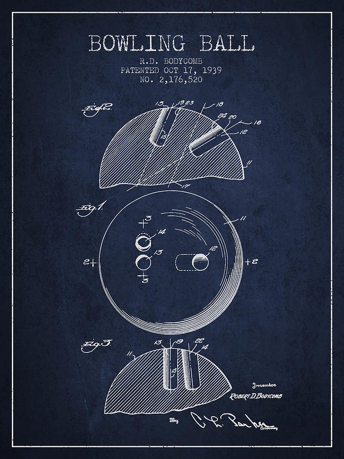 Bowl Digital Art - 1939 Bowling Ball Patent - Navy Blue by Aged Pixel