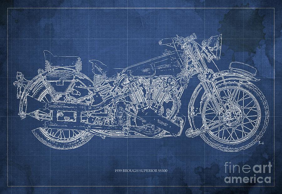 Plano Painting - 1939 Brough Superior SS100 Blueprint Blue Background by Drawspots Illustrations
