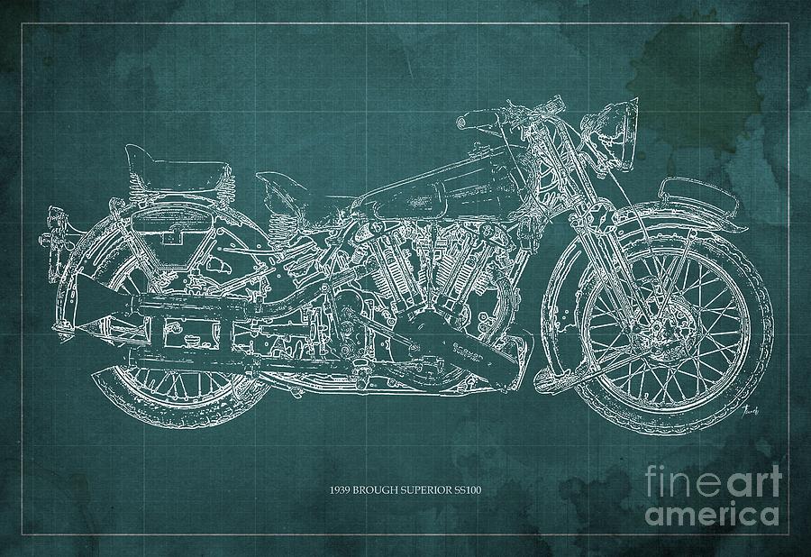 Plano Drawing - 1939 Brough Superior SS100 Blueprint Green Background by Drawspots Illustrations