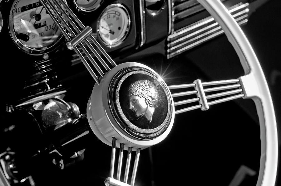 Black And White Photograph - 1939 Ford Standard Woody Steering Wheel 2 by Jill Reger