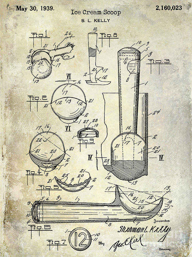 Ice Cream Photograph - 1939 Ice Cream Scoop Patent by Jon Neidert