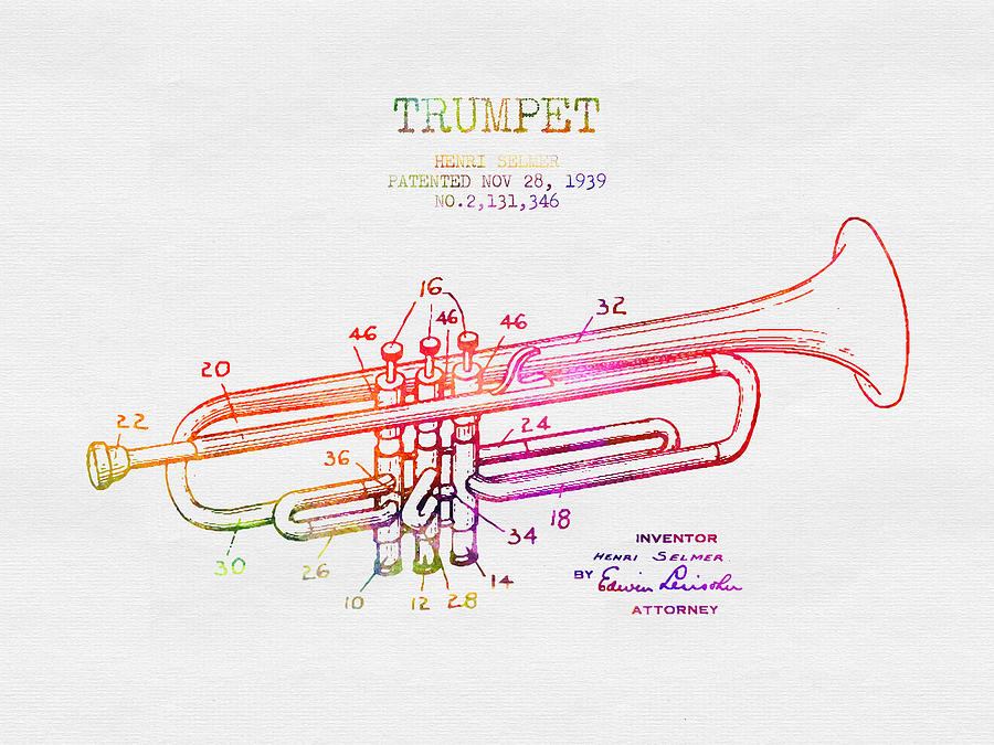 1939 Trumpet Patent - Color Digital Art