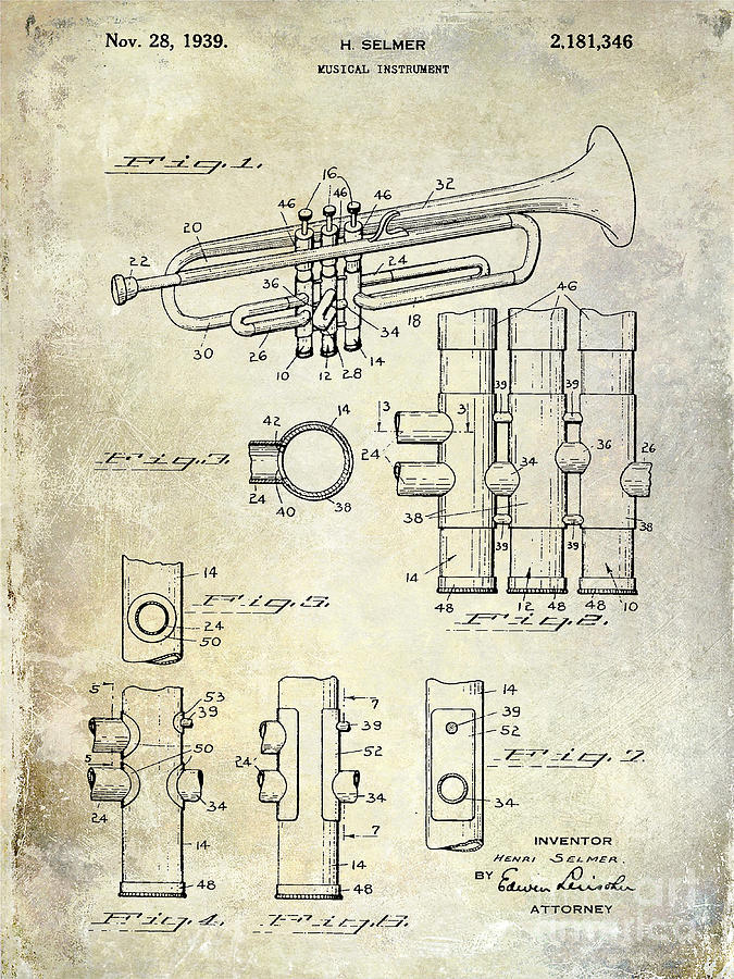 Trumpet Photograph - 1939 Trumpet Patent by Jon Neidert