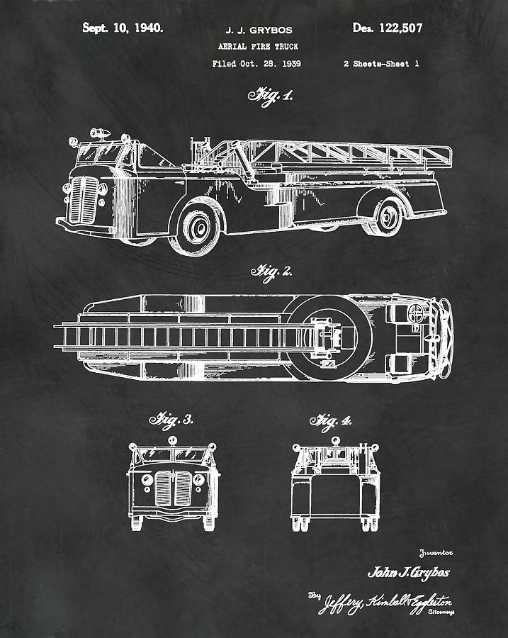 Fire And Rescue Digital Art - 1940 Aerial Fire Truck patent - Black Brush Stroke by Unique Reproductions
