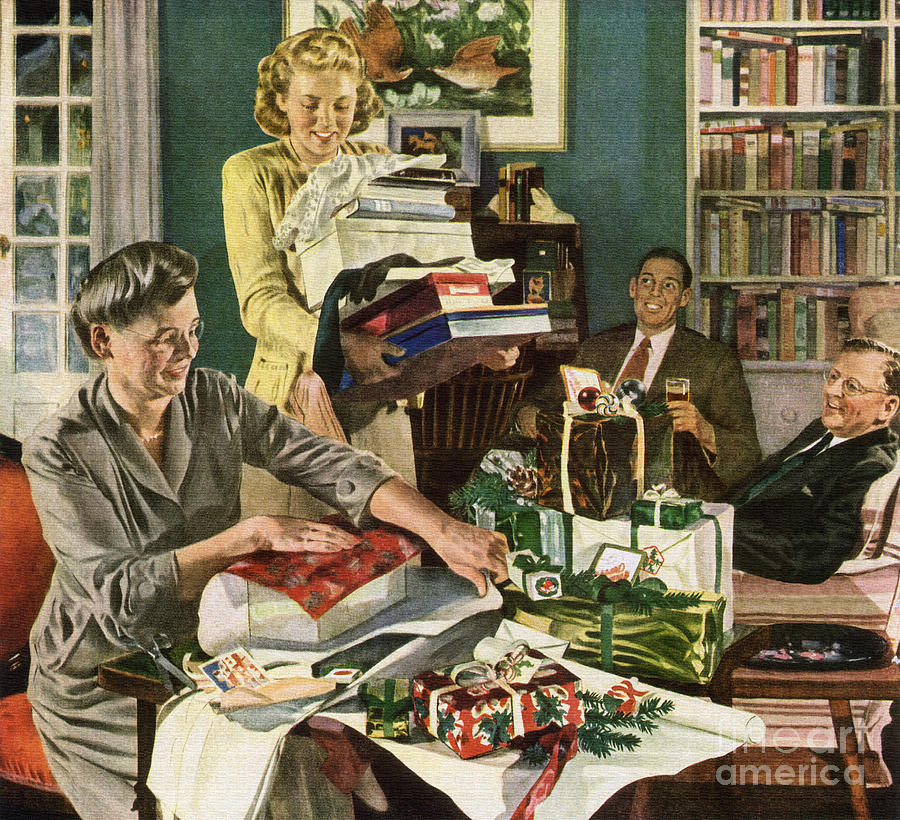 1940 Christmas eve family wrapping presents Digital Art by Vintage Collectables