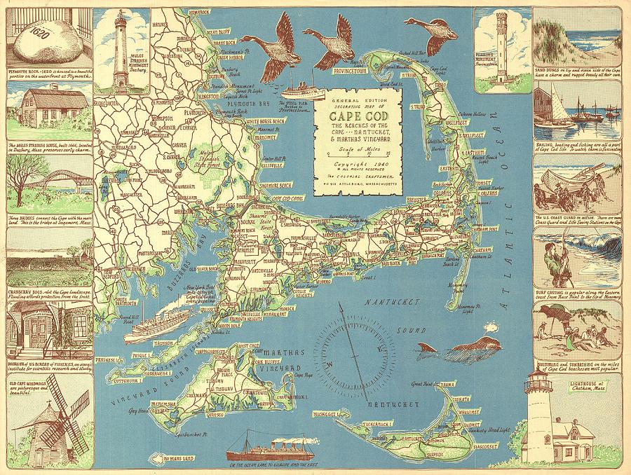 1940 Colonial Craftsman Decorative Map of Cape Cod Massachusetts  Photograph by Paul Fearn