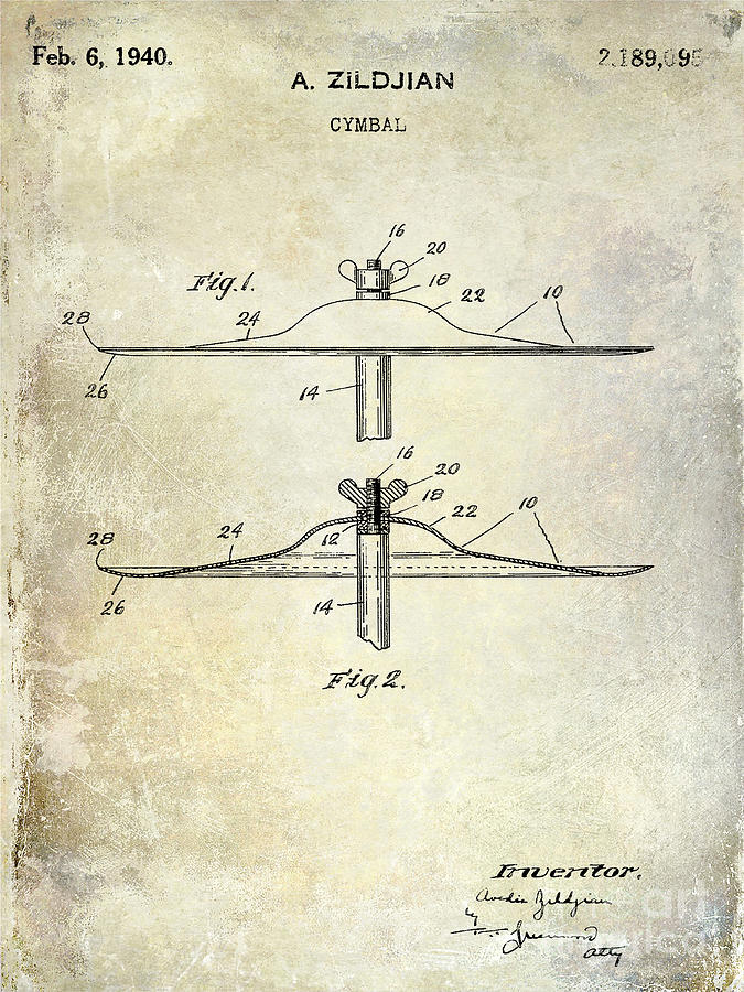 Drum Photograph - 1940 Cymbal Patent  by Jon Neidert