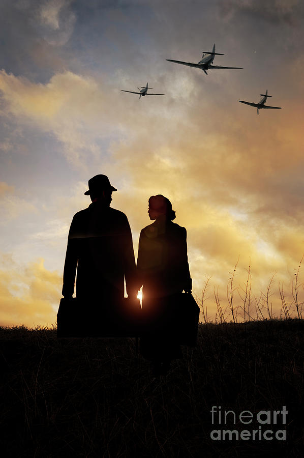 1940s Couple At Sunset With Spitfire Airplanes Photograph by Lee Avison