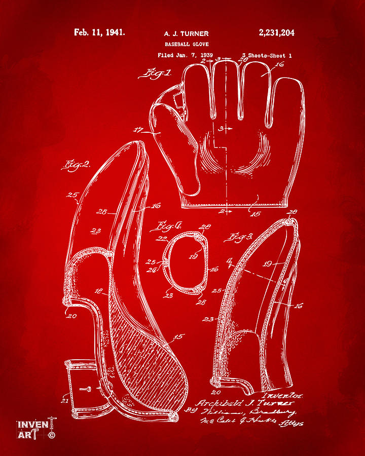 Baseball Digital Art - 1941 Baseball Glove Patent - Red by Nikki Marie Smith