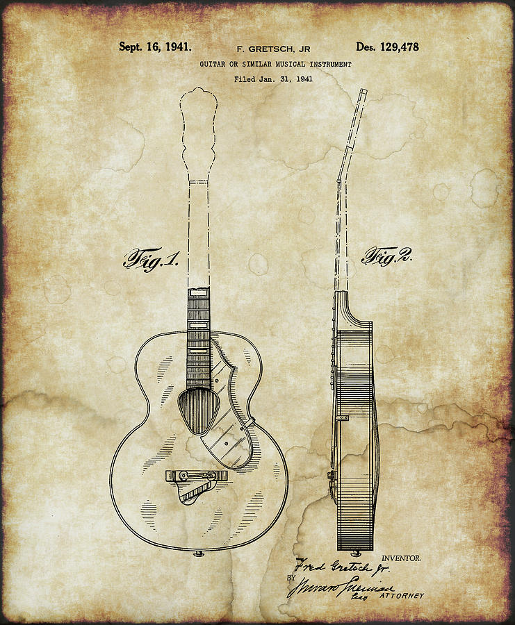 Gretsch Guitar Patent Digital Art by Doc Braham