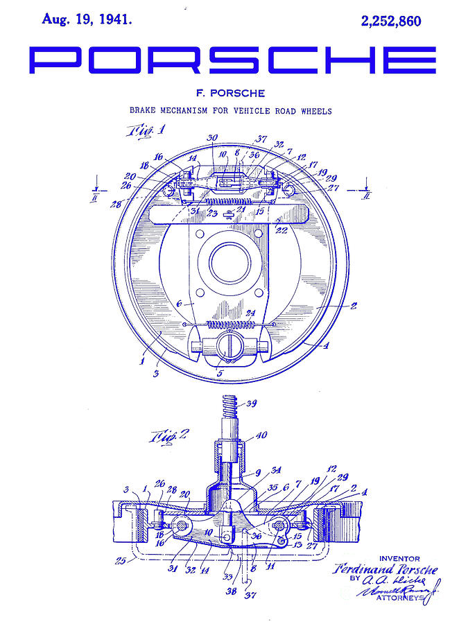 1941 Porsche Brake Mechanism Patent Blueprint Photograph by Jon Neidert