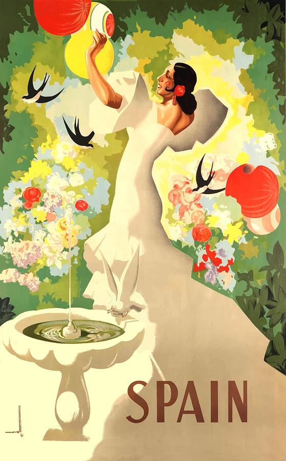 Barcelona Digital Art -  1941 Spain Flamenco Dancer Travel Poster #1941 by Retro Graphics