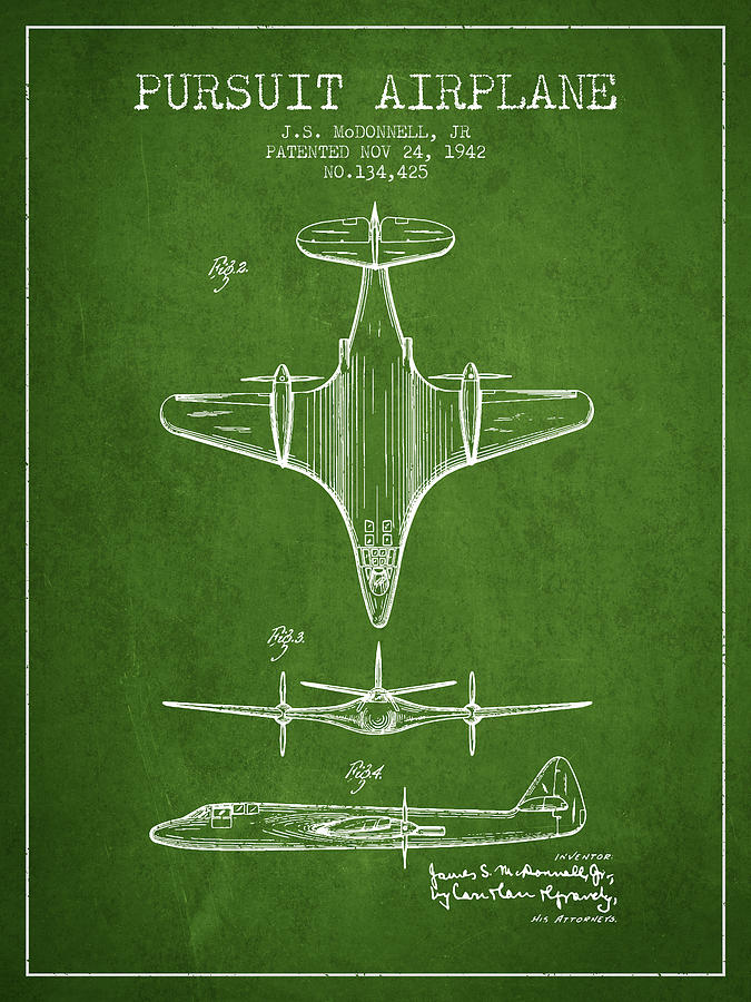1942 Pursuit Airplane Patent - Green 02 Digital Art