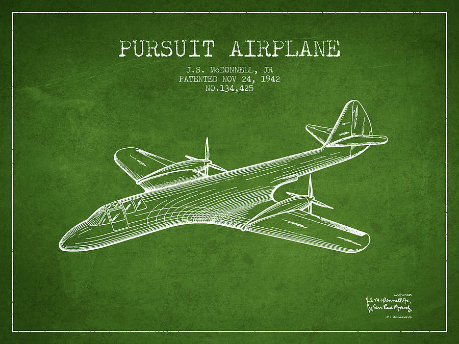 1942 Pursuit Airplane Patent - Green Digital Art