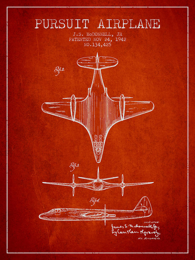 1942 Pursuit Airplane Patent - Red 02 Digital Art
