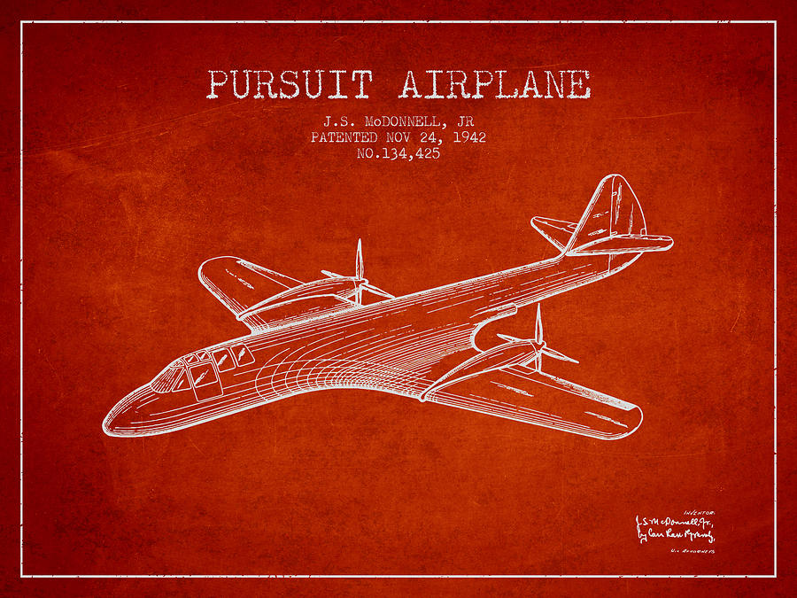 Vintage Digital Art - 1942 Pursuit Airplane Patent - Red by Aged Pixel
