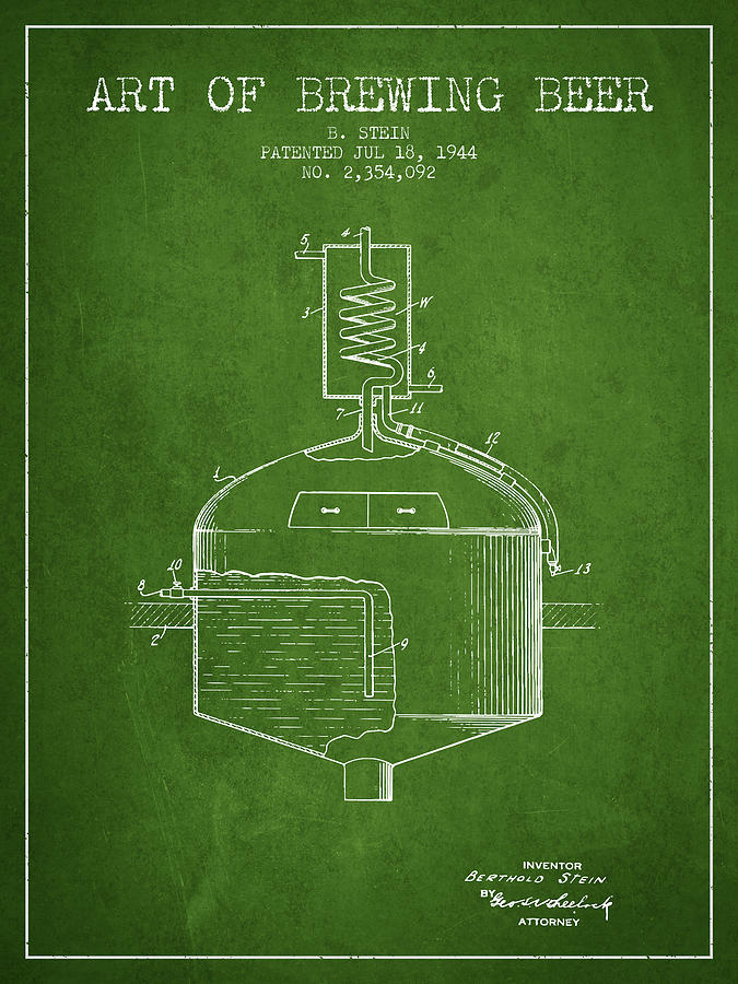 1944 Art Of Brewing Beer Patent - Green Digital Art