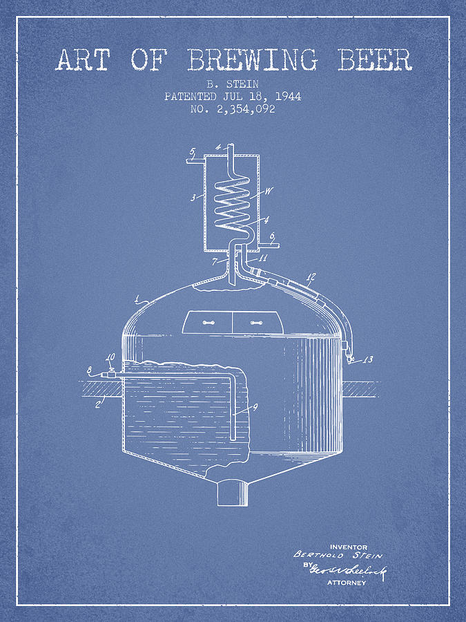 1944 Art Of Brewing Beer Patent - Light Blue Digital Art
